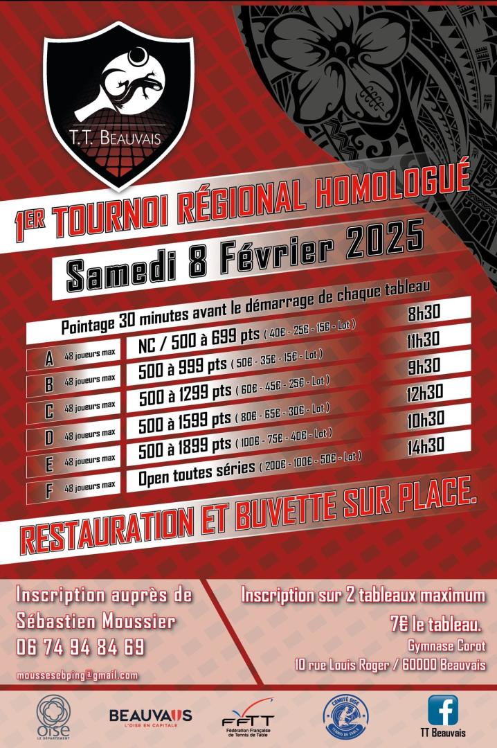 Tournoi tennis de table Homologué Beauvais